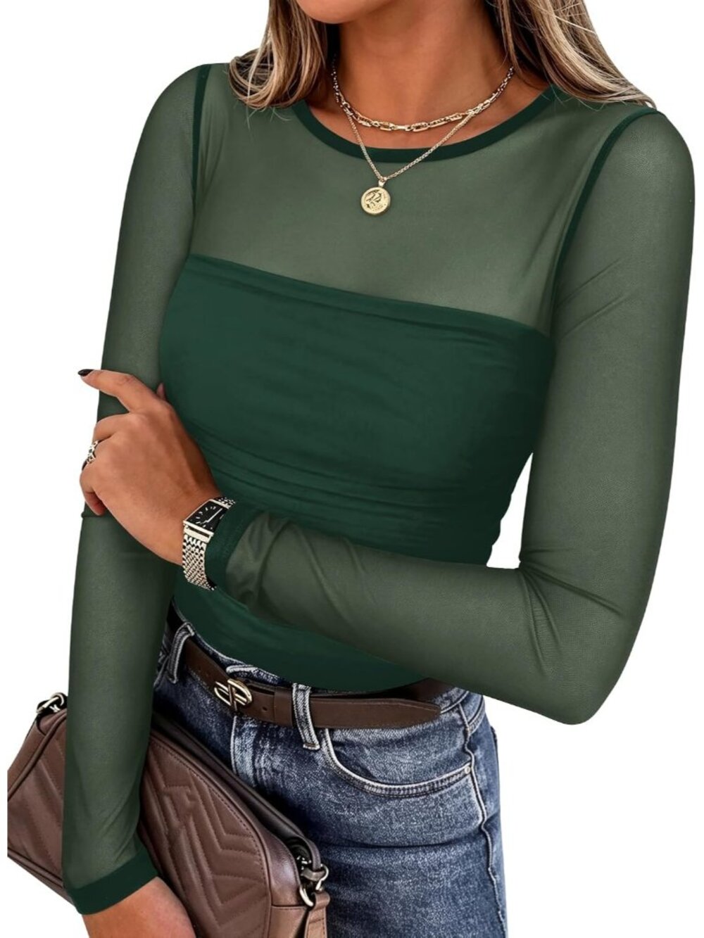 Women's Green Sheer Mesh Round Neck Long Sleeve Plain Hem Slim Dressy Blouse Top